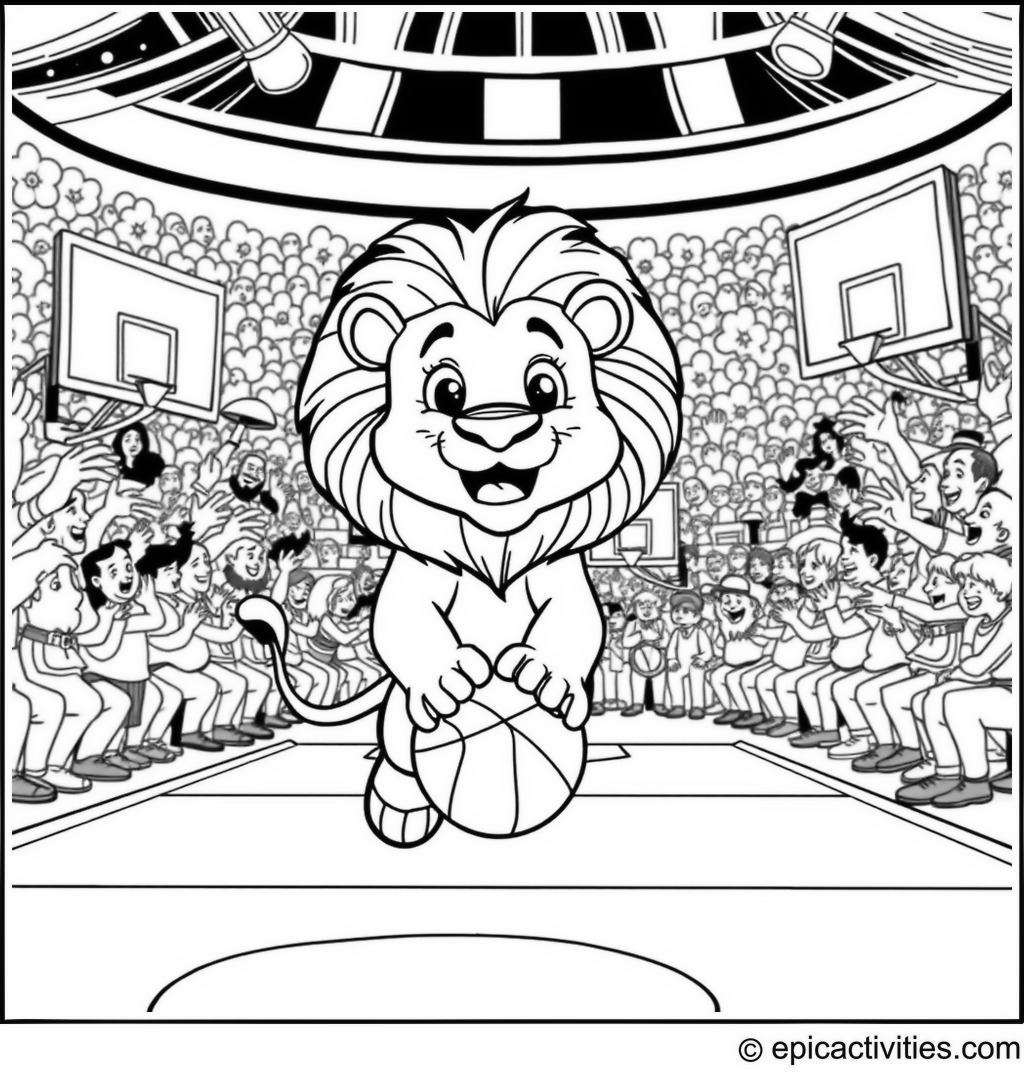 Coloring page of a cute lion playing basketball on a cartoonish court