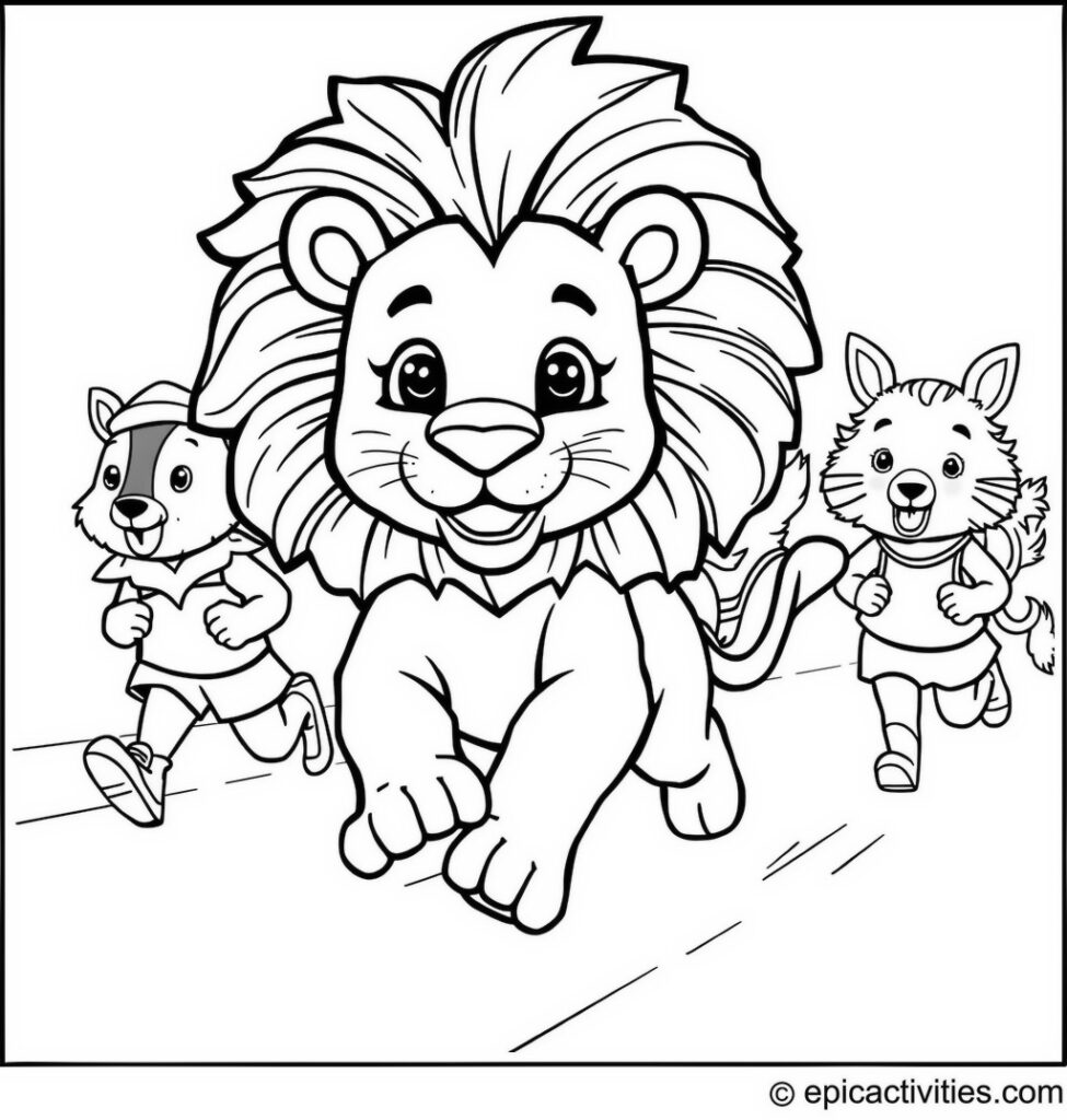 Coloring page of a Cute Lion Racing in a Whimsical Marathon with Other Animals in Colorful Outfits