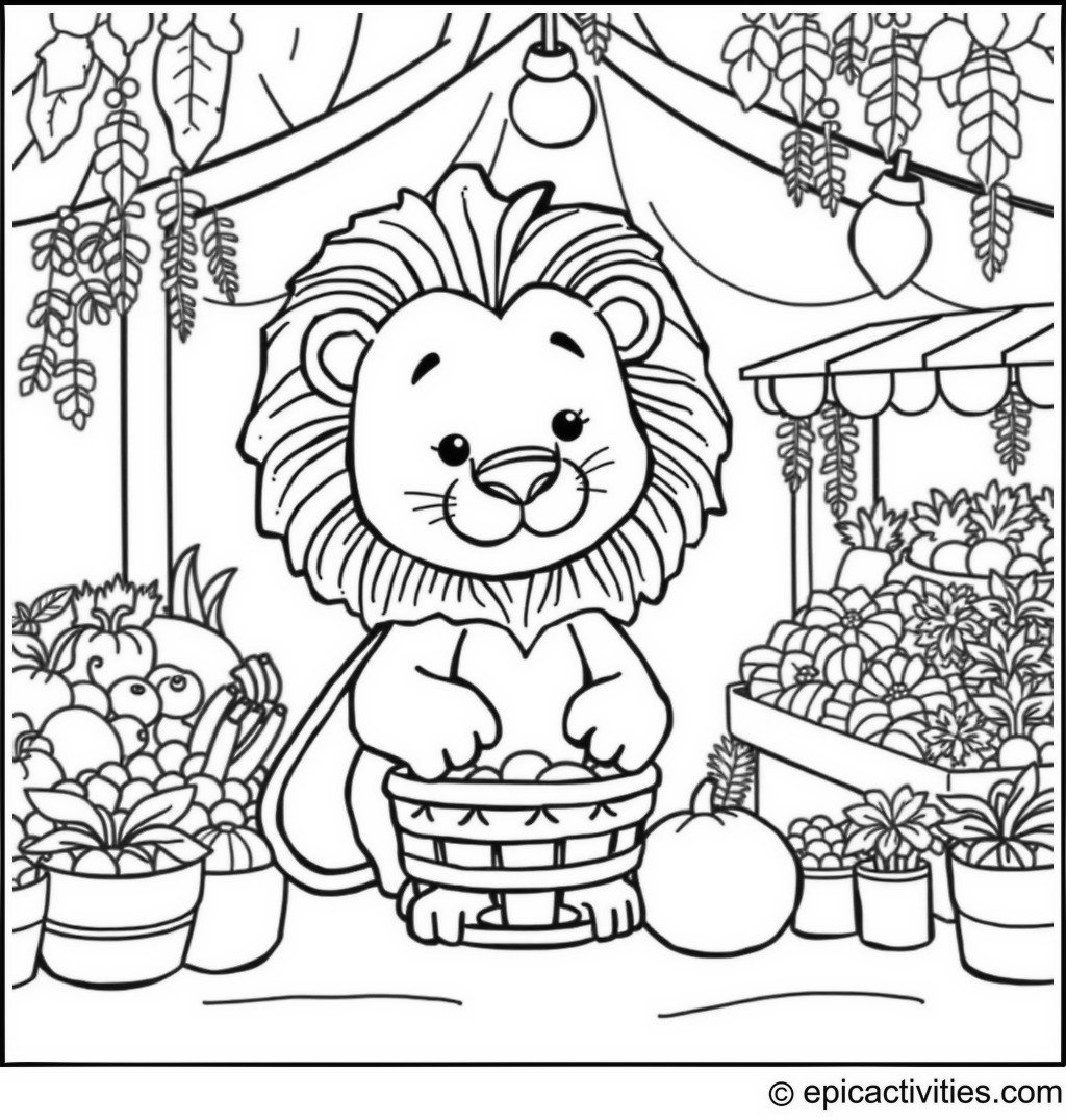 Coloring page of a Cute Lion Shopping for Fruits and Veggies at the Farmer’s Market
