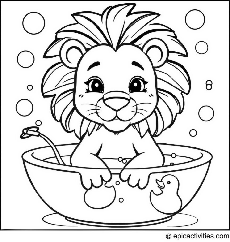 Coloring page of a cute lion taking a bubble bath with rubber ducks and bubbles