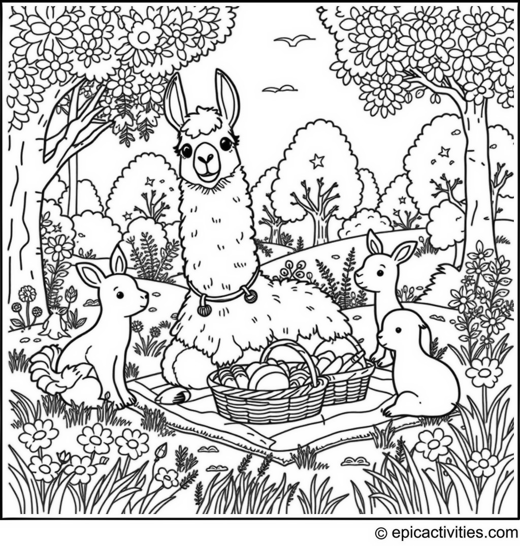 Coloring page of a cute llama having a picnic with animal friends in a meadow