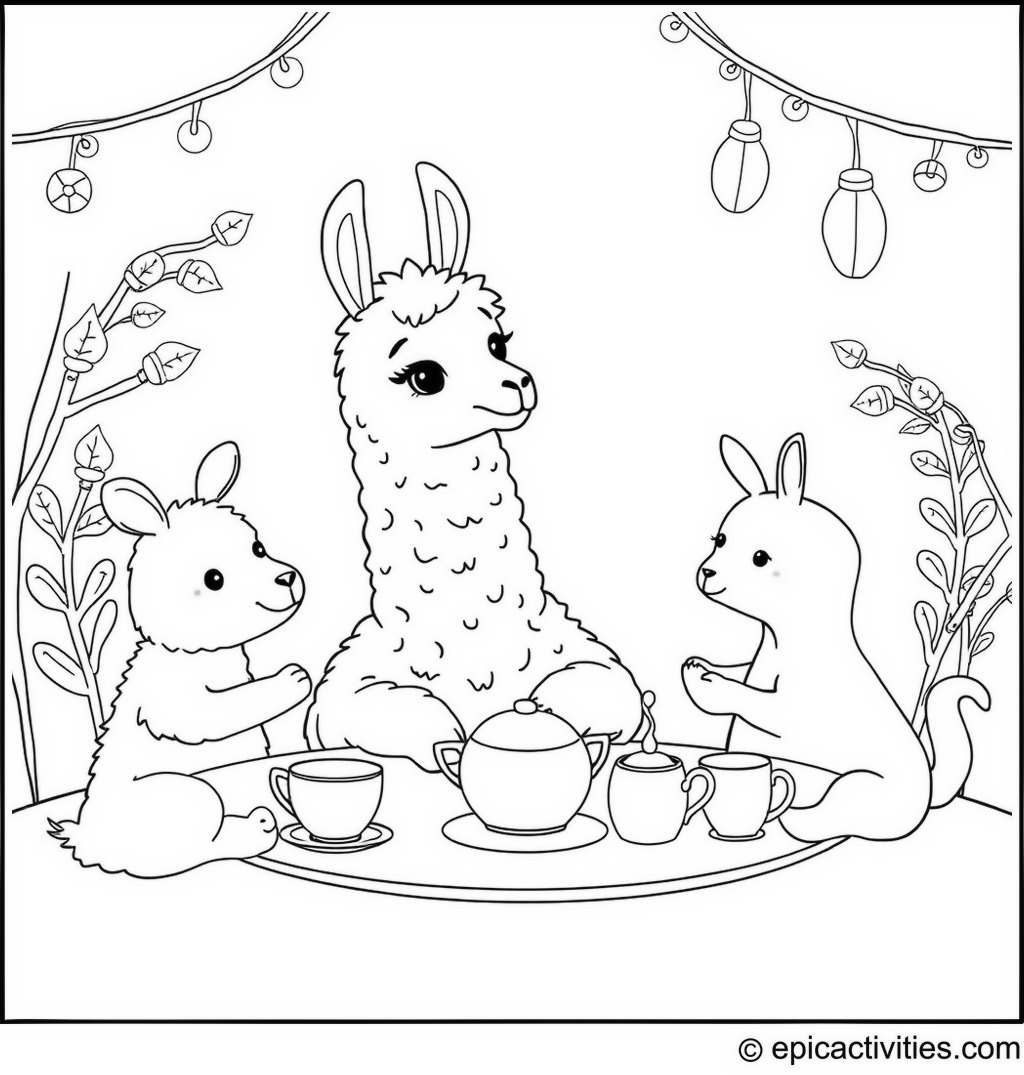 Coloring page of a cute llama having a tea party with other animals