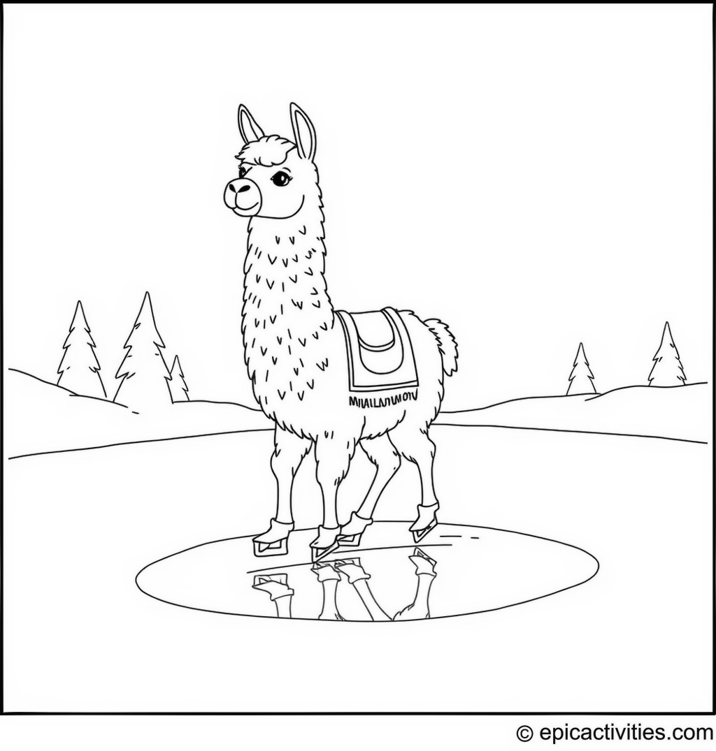 Coloring page of a Cute Llama Ice Skating on a Minimalist Frozen Pond