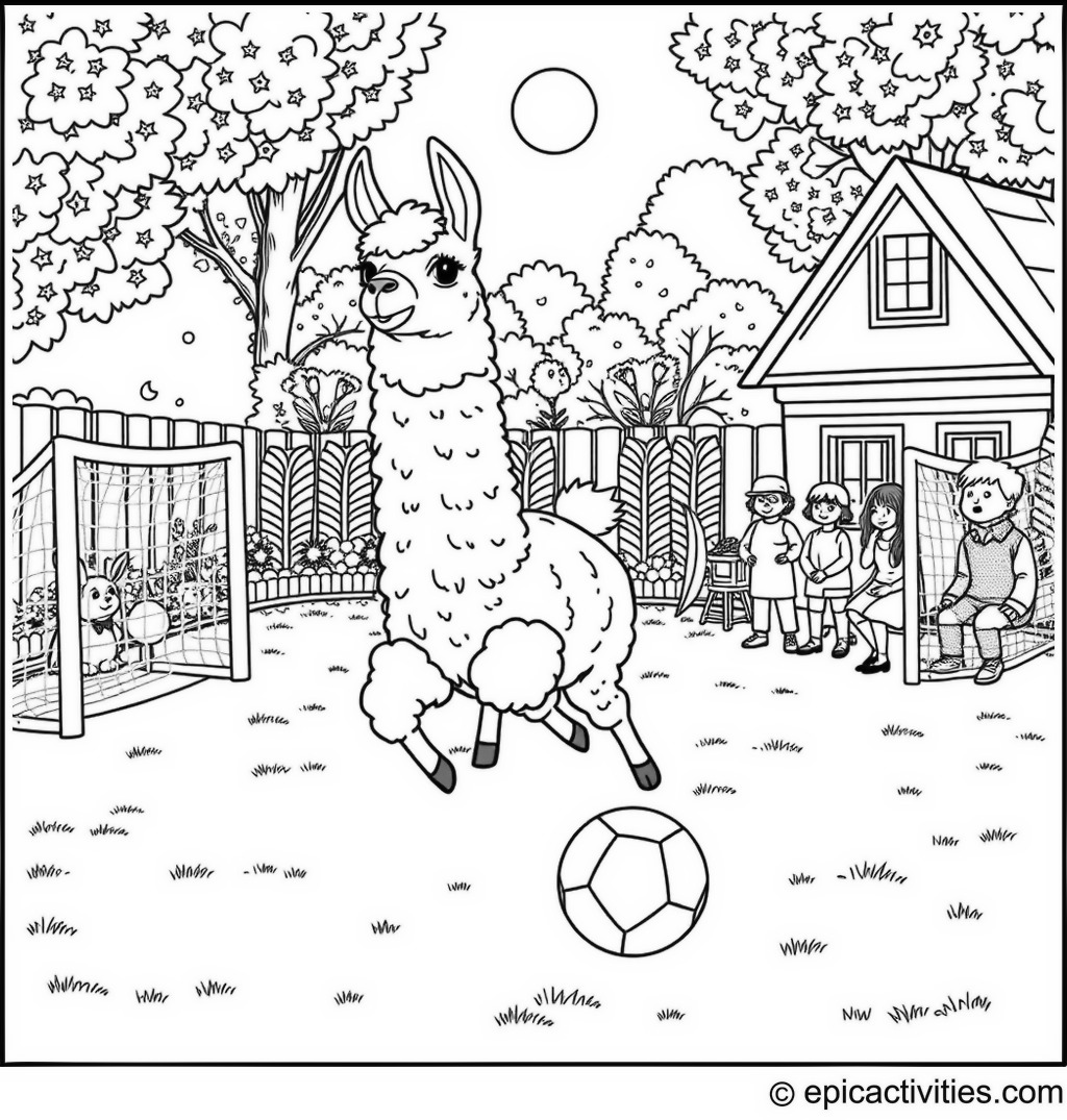 Coloring page of a Cute Llama Playing Soccer with Friends
