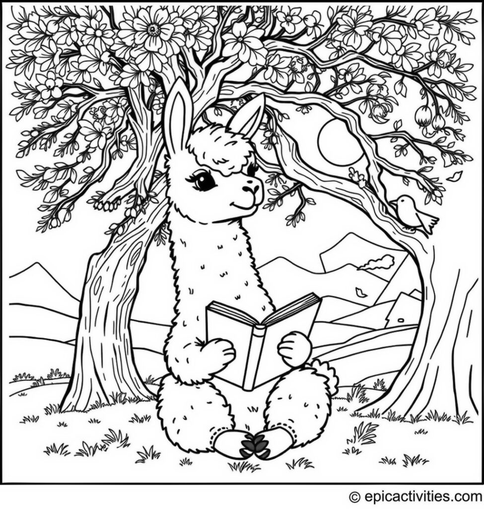 Coloring page of a cute llama reading under a detailed tree with playful birds