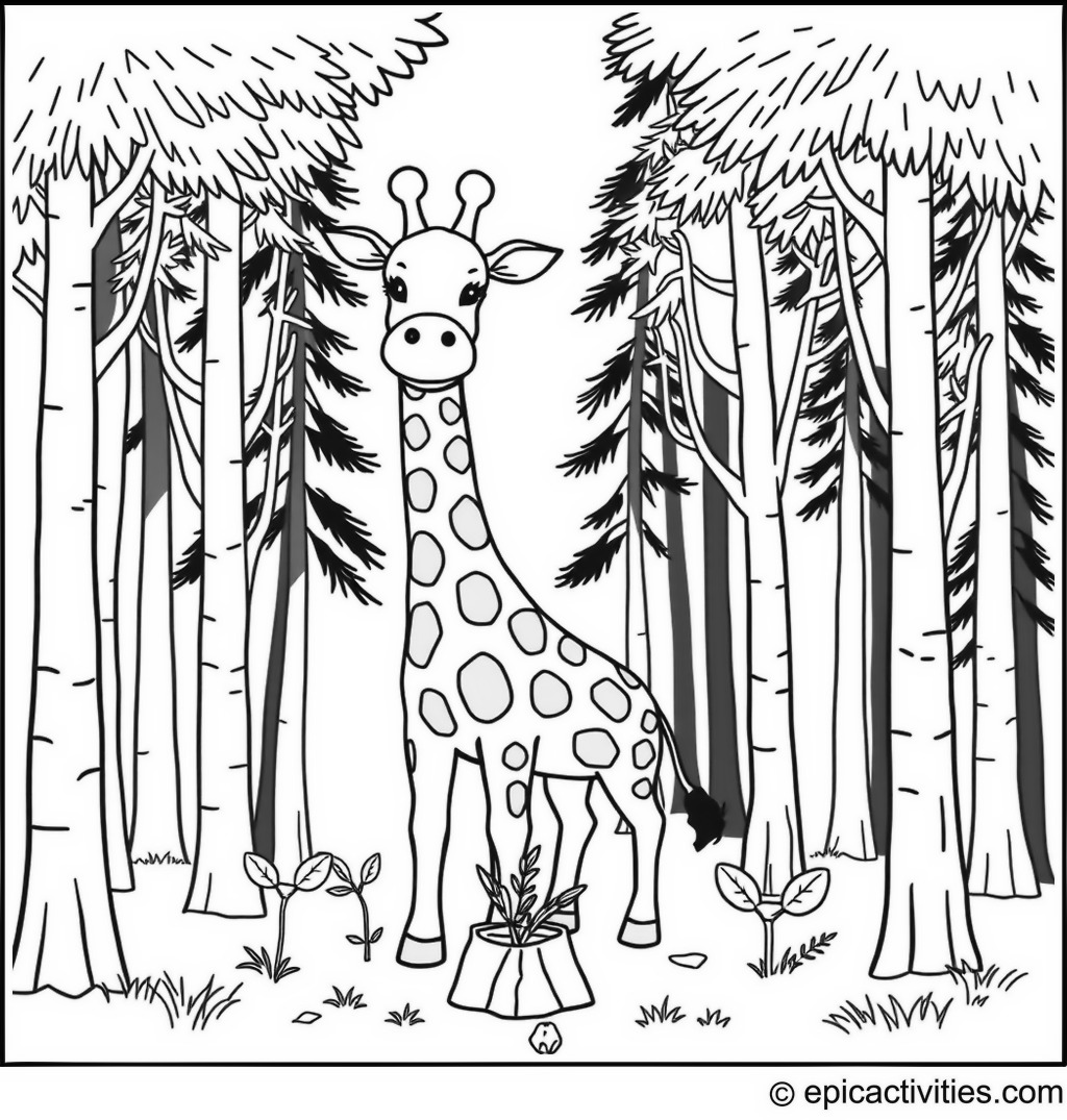Coloring page of a cute minimalist cartoon Giraffe planting trees in a forest