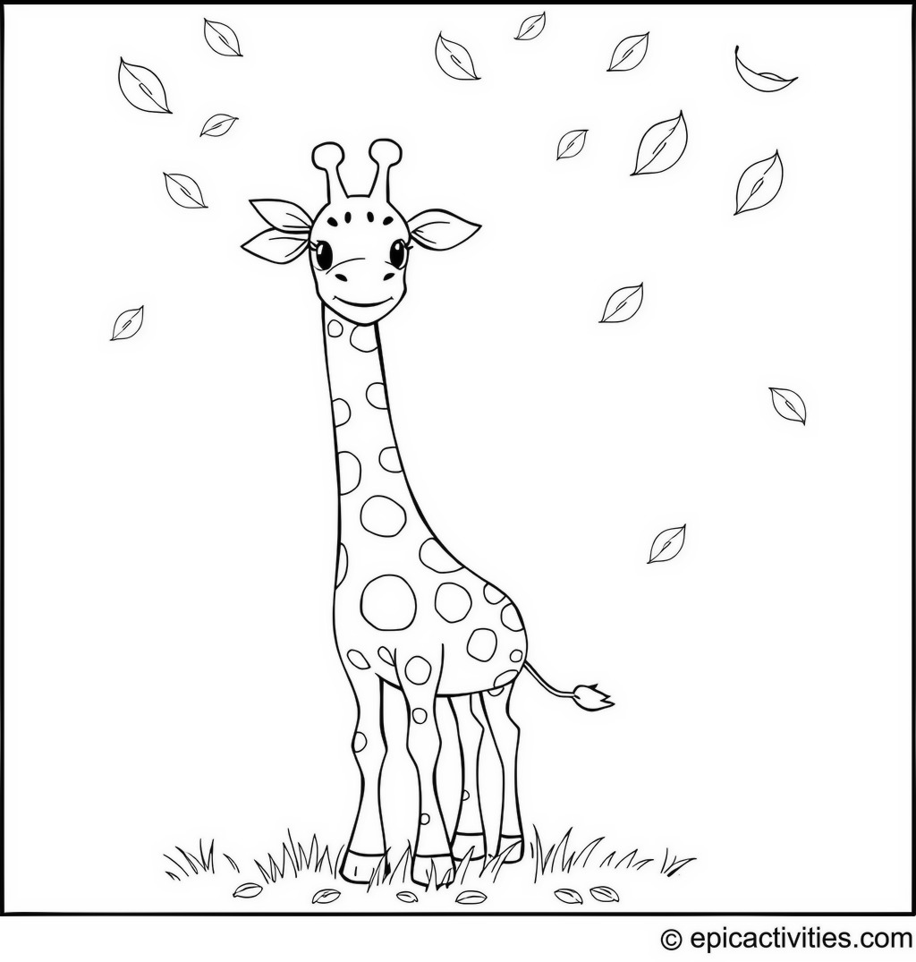 Coloring page of a cute minimalist cartoon Giraffe catching falling leaves