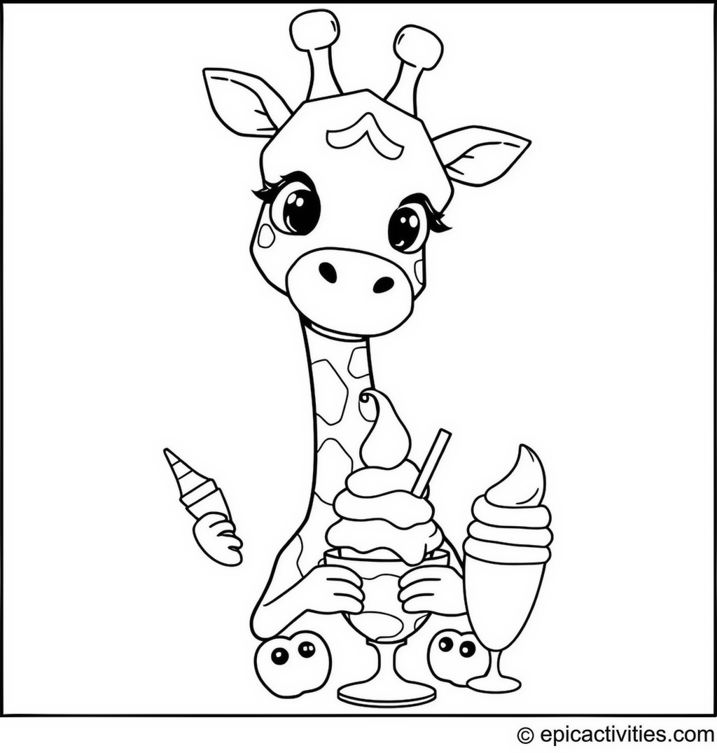 Coloring page of a cute minimalist cartoon Giraffe having ice cream with friends