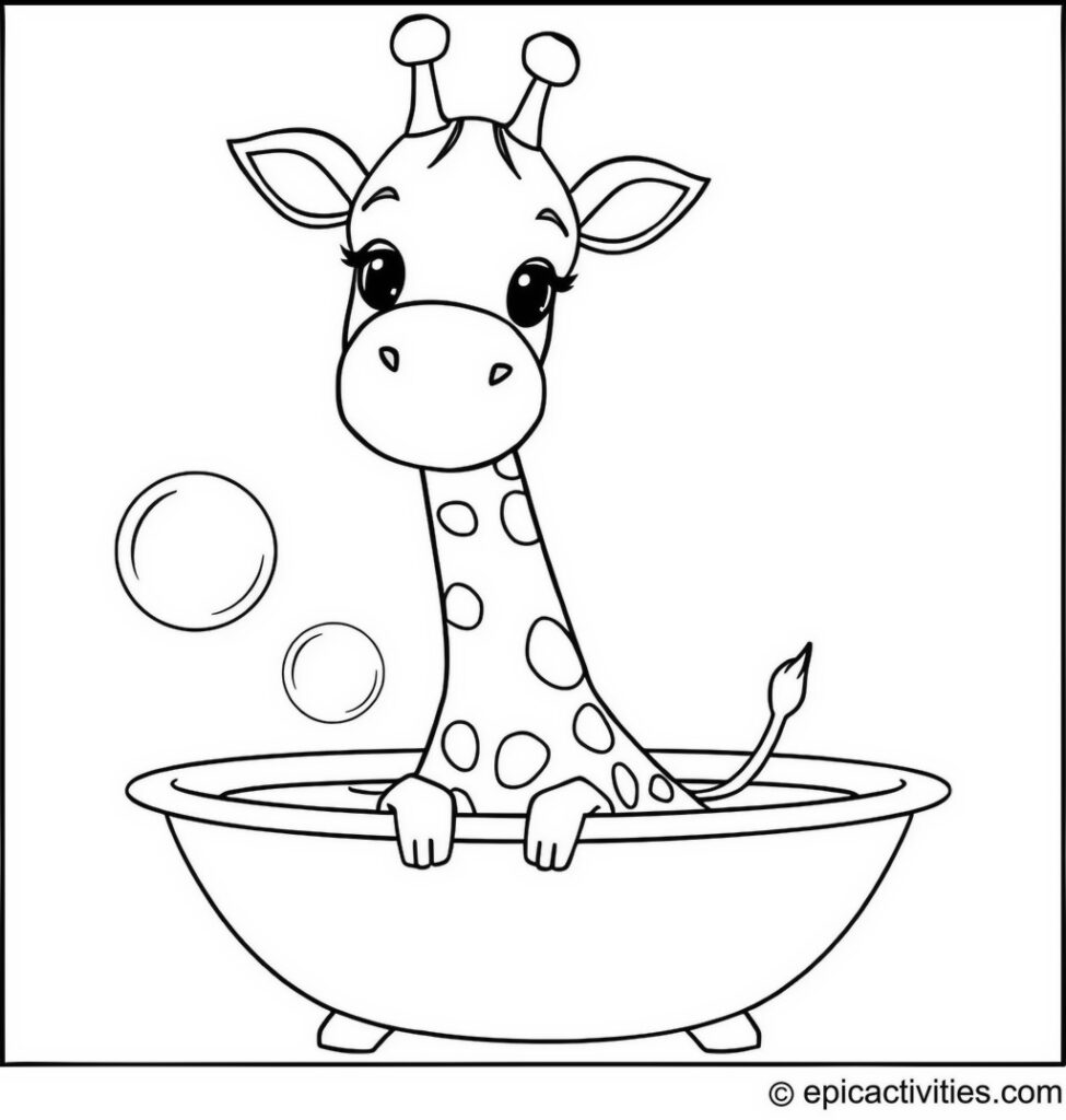 Coloring page of a cute minimalist cartoon Giraffe taking a bubble bath