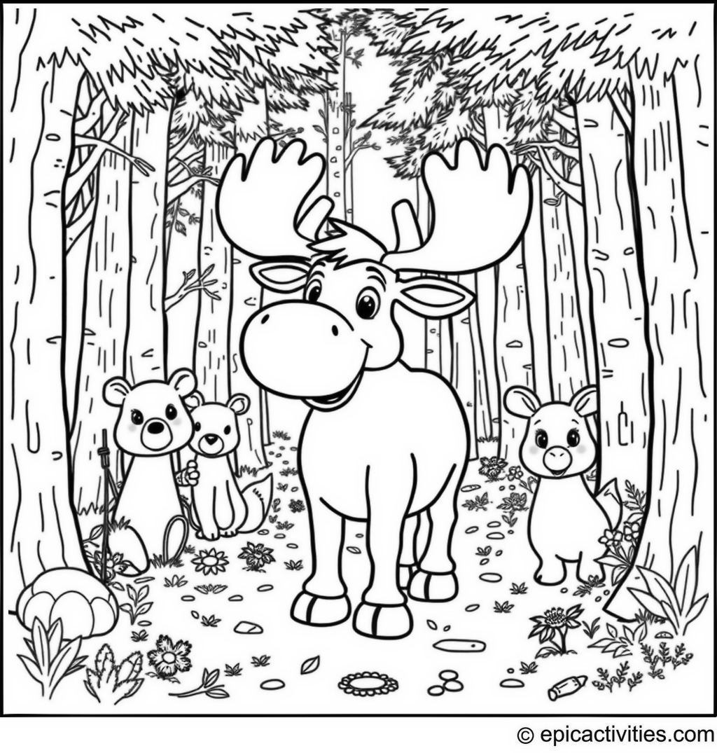 Coloring page of a Cute Moose and Animal Friends on a Scavenger Hunt