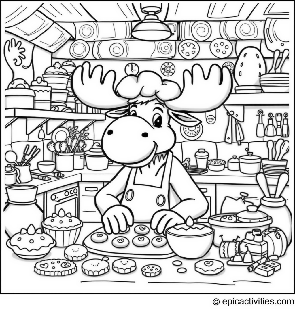 Coloring page of a Cute Moose Baking in a Fun Kitchen Scene