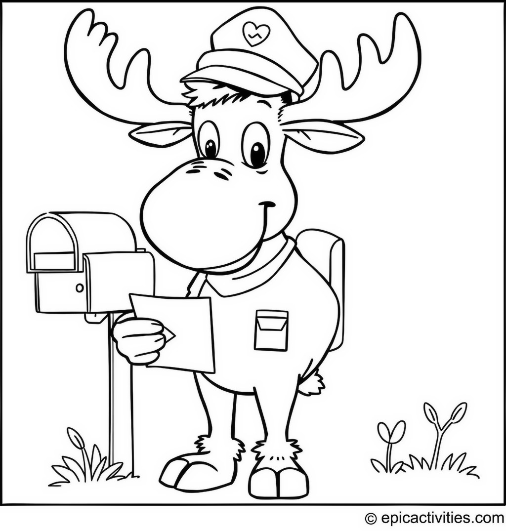 Coloring page of a Cute Moose Delivering Mail