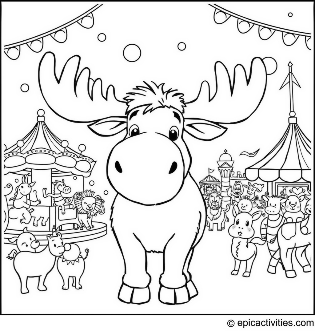 Coloring page of a cute moose enjoying a fun carnival with cartoon animals