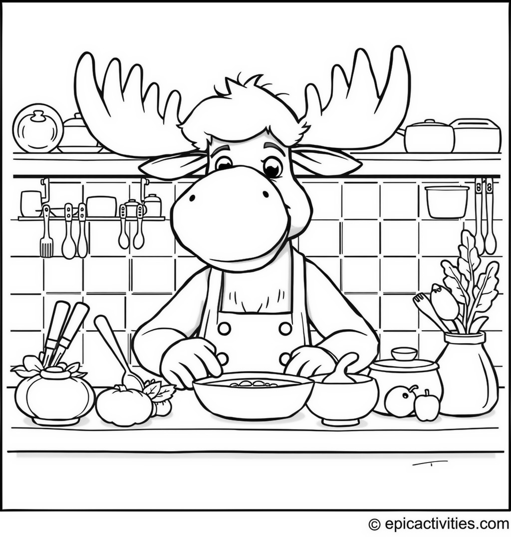 Coloring page of a Cute Moose Hosting a Cooking Show