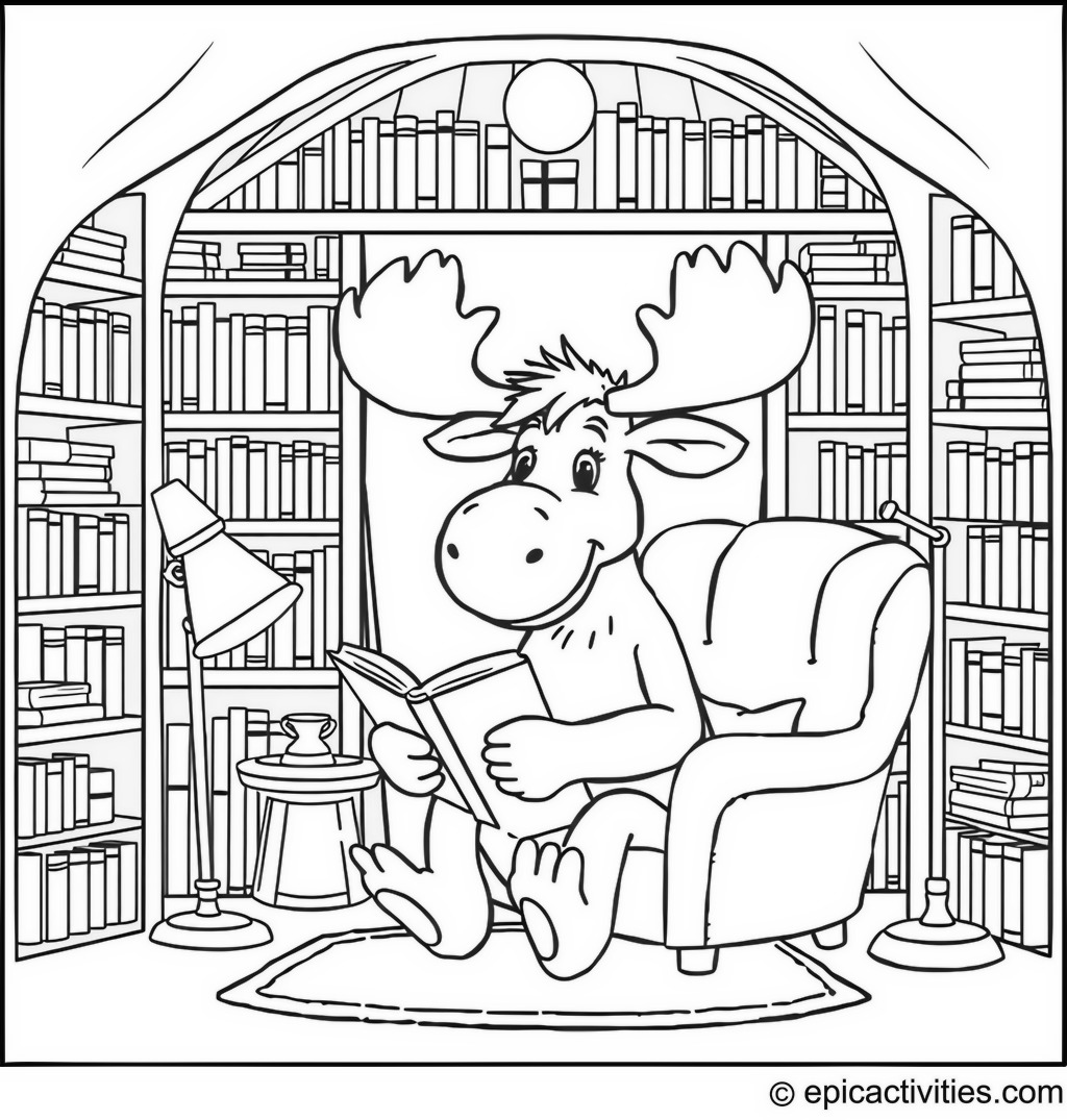 Coloring Page of a Cute Moose in a Reading Nook