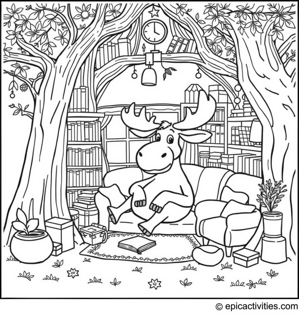 Coloring page of a Cute Moose in a Treehouse