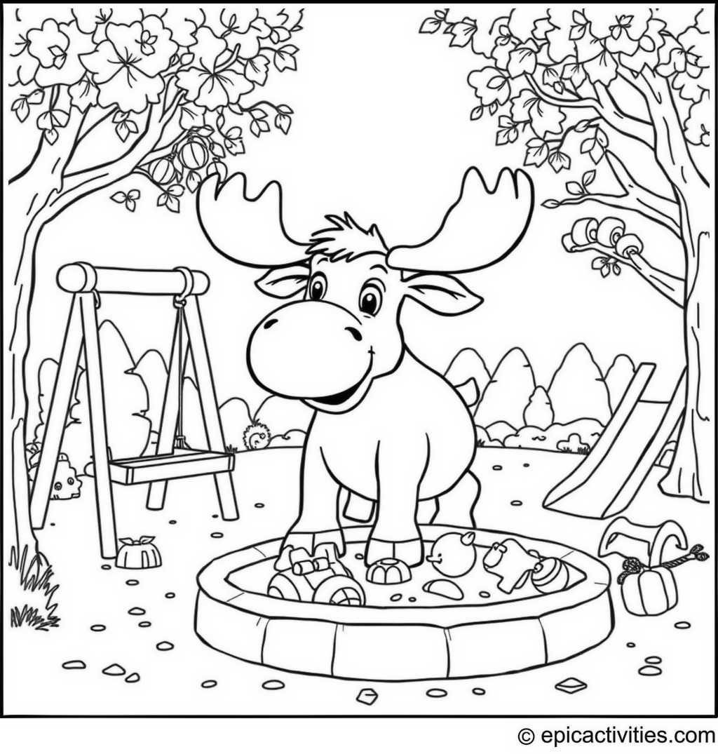 Coloring page of a cute moose playing in a playground