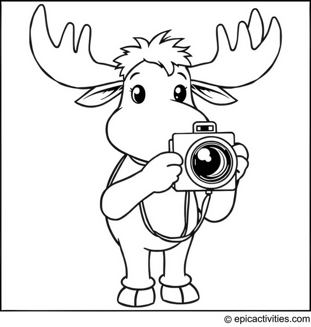 Coloring page of a Cute Moose Taking Pictures with a Cartoon Camera