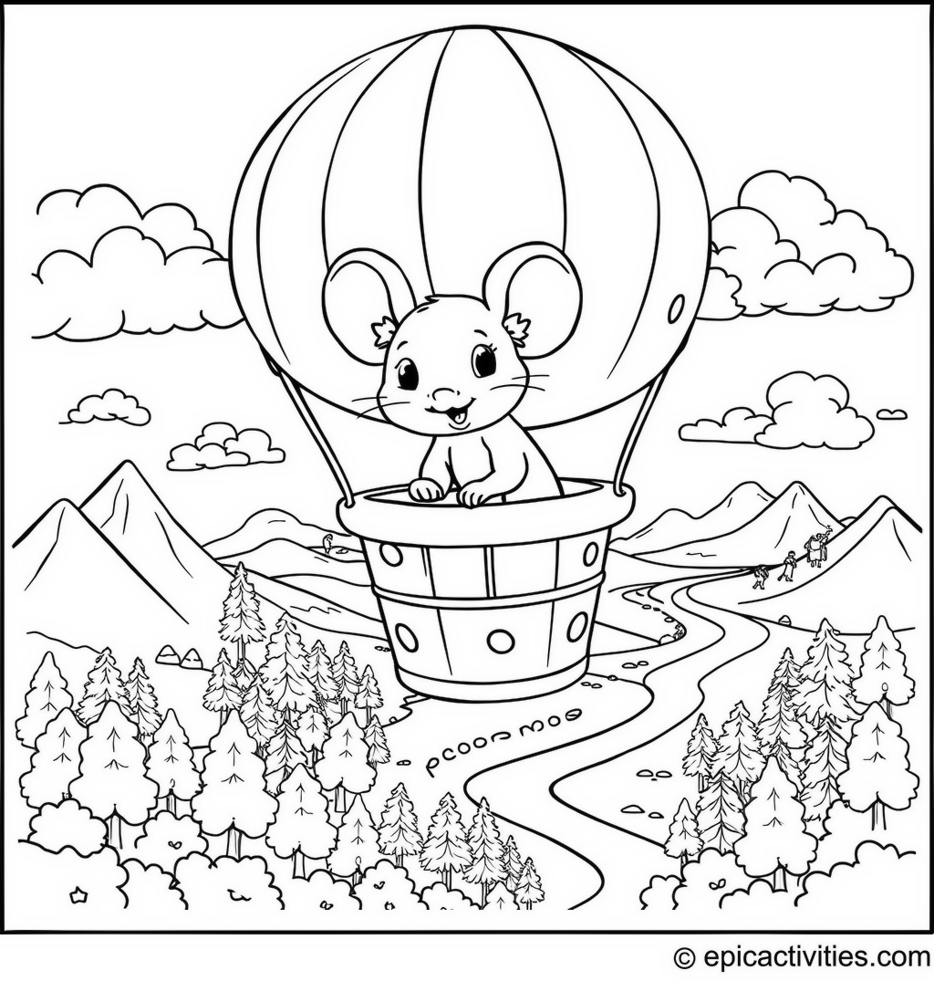 Coloring page of a Cute Mouse in a Cheese Wheel Hot Air Balloon