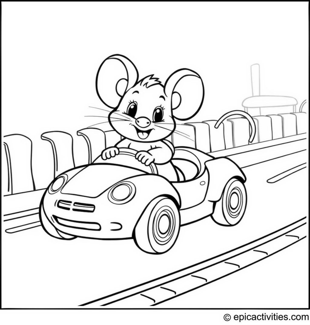 Coloring page of a Cute Mouse Racing in a Toy Car on a Race Track