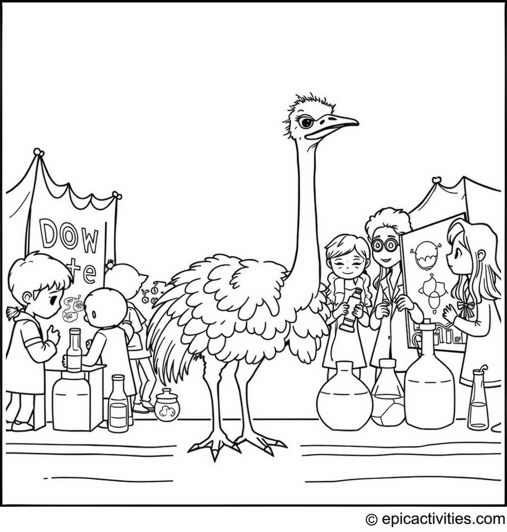 Coloring page of A Cute Ostrich and Friends at a Fun Science Fair