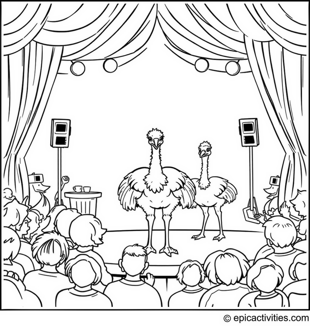 Coloring page of a cute ostrich and friends in a talent show
