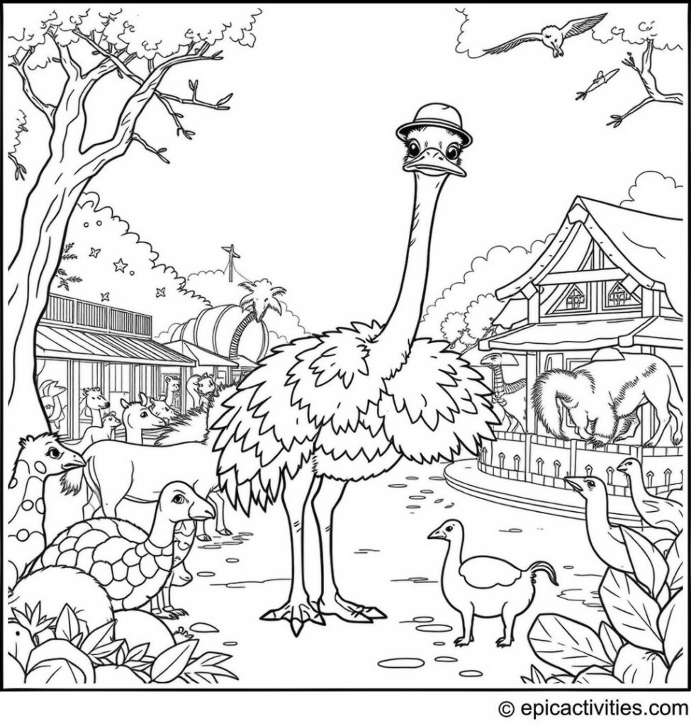 Coloring page of a cute ostrich as a zookeeper feeding animals