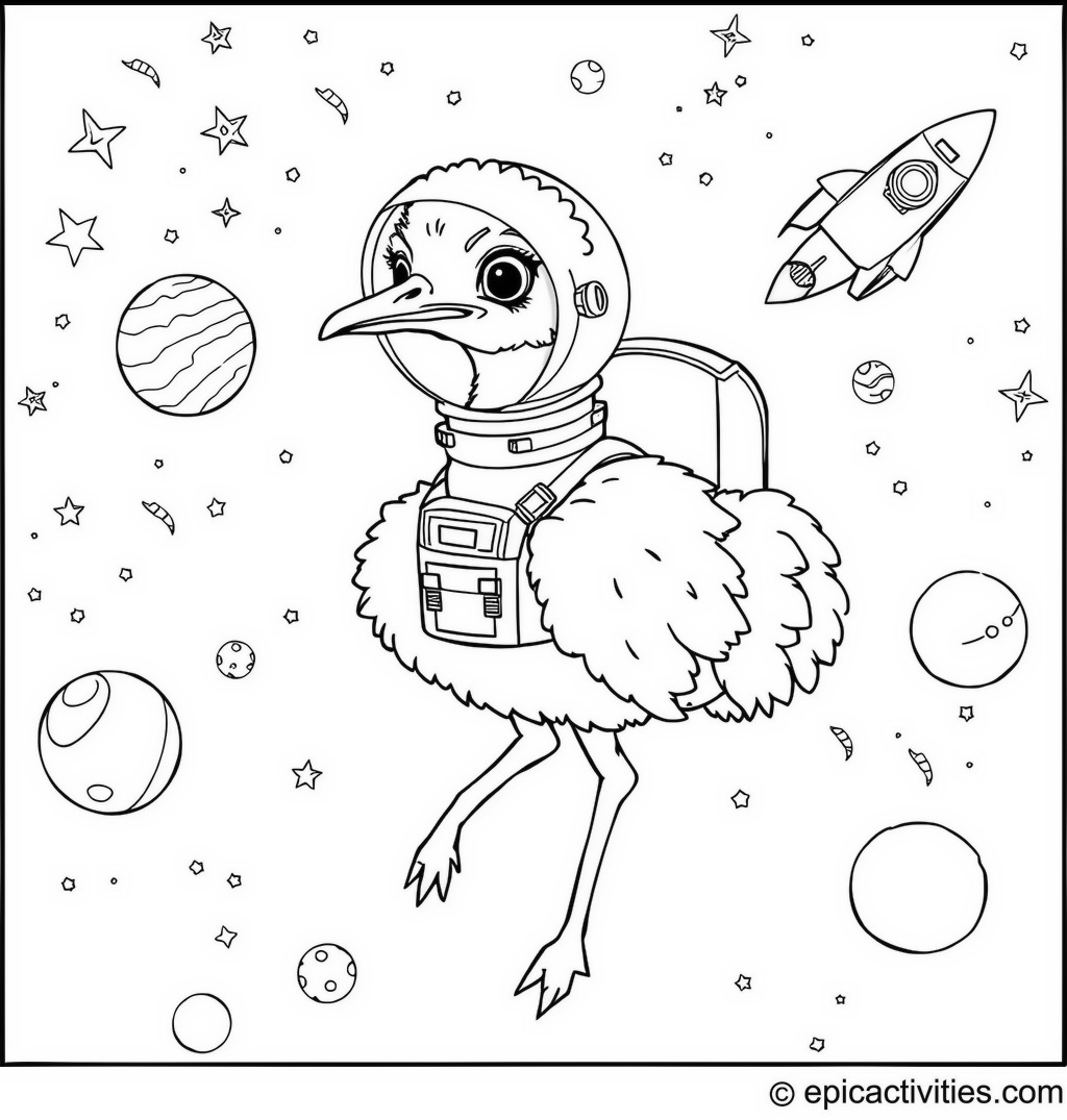 Coloring page of a cute ostrich astronaut in space