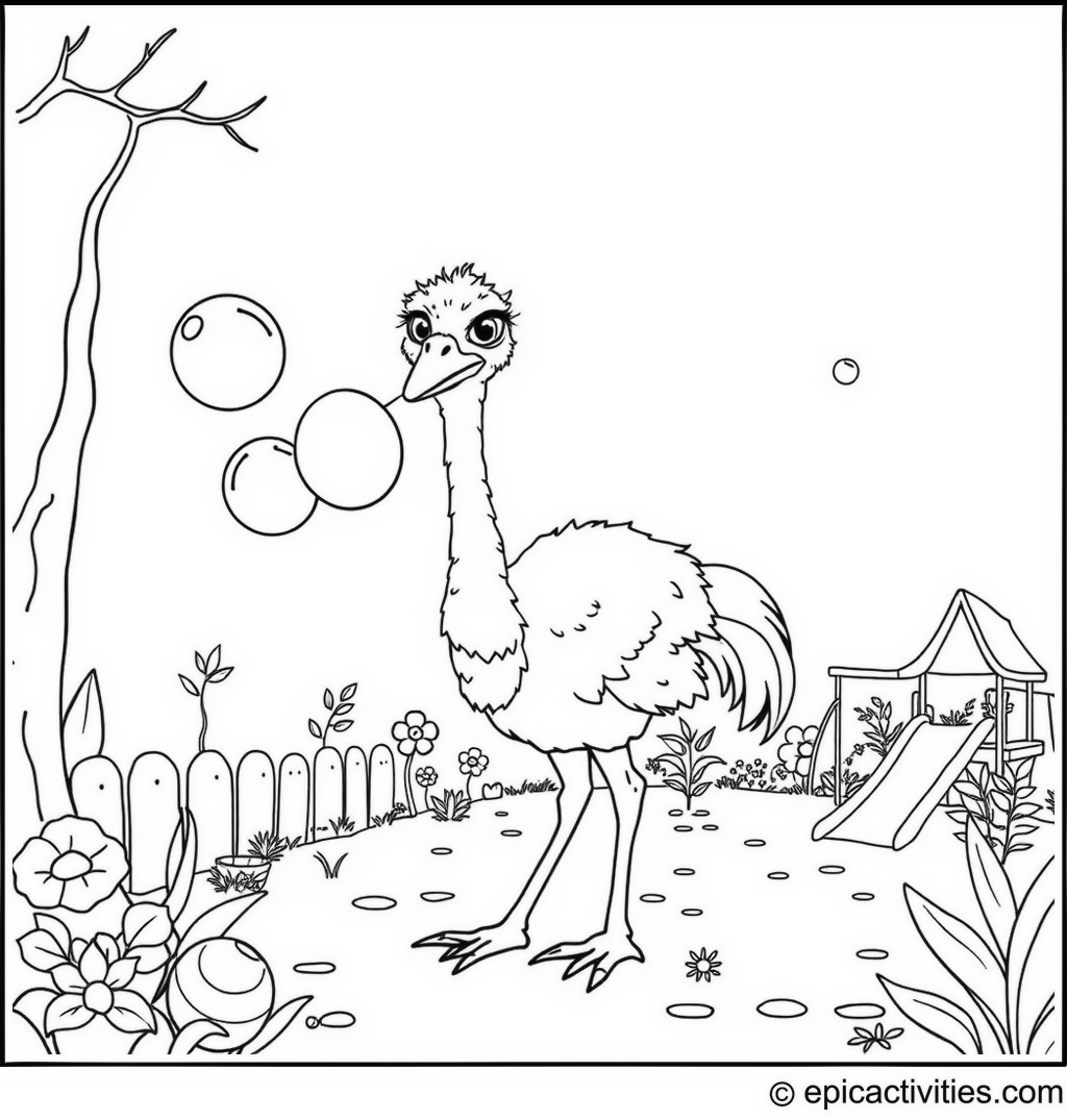 Coloring page of a cute ostrich blowing bubbles with bubble gum in a whimsical playground