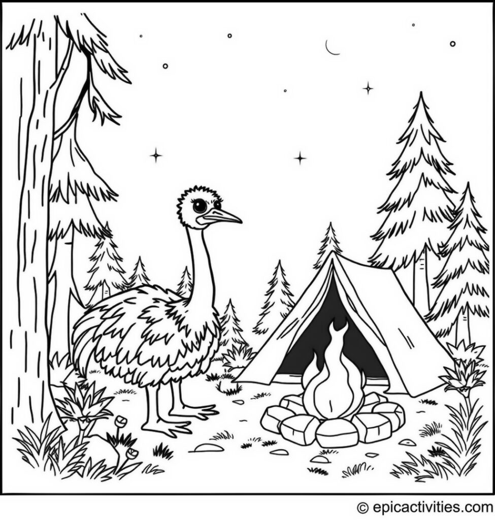 Coloring page of a Cute Ostrich Camping in the Forest