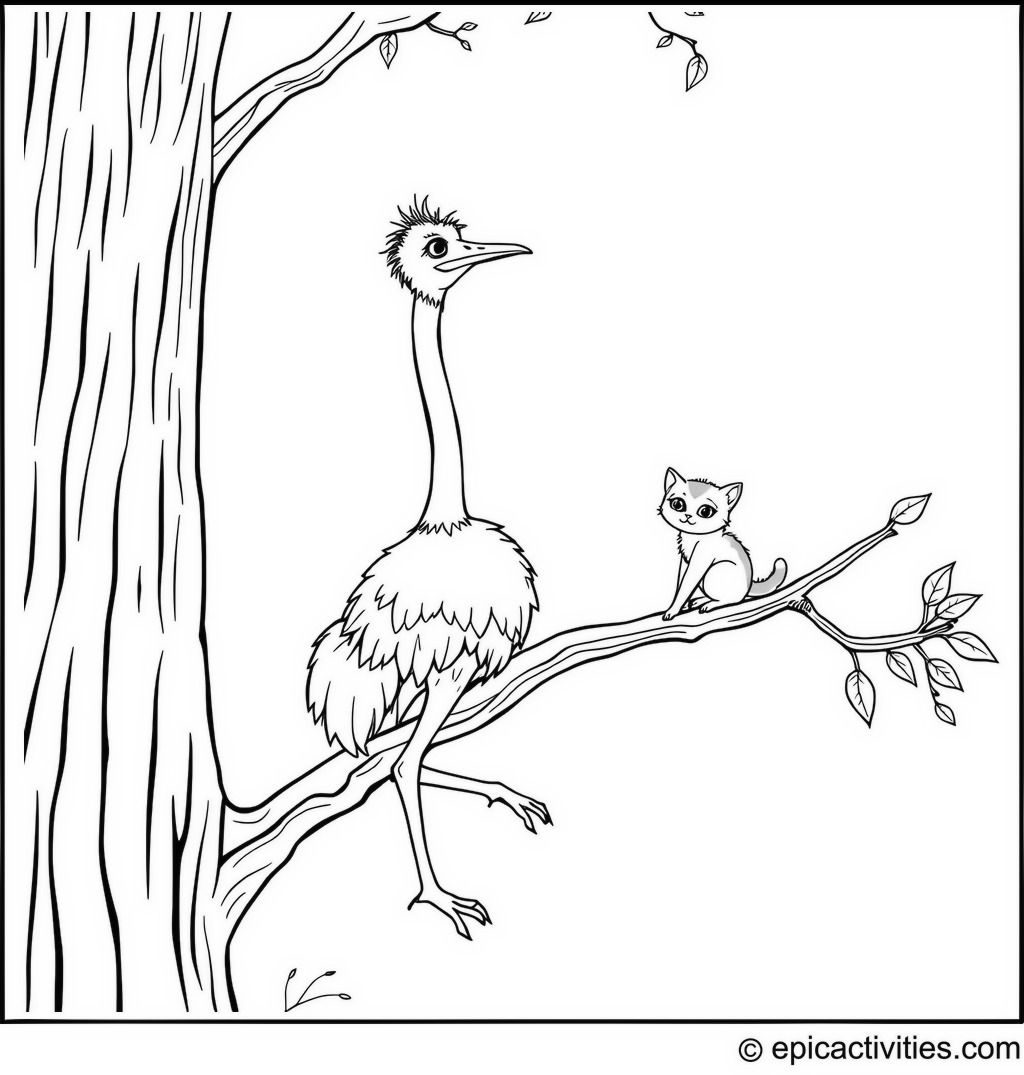 Coloring page of a cute ostrich climbing a tall tree to rescue a kitten stuck on a branch