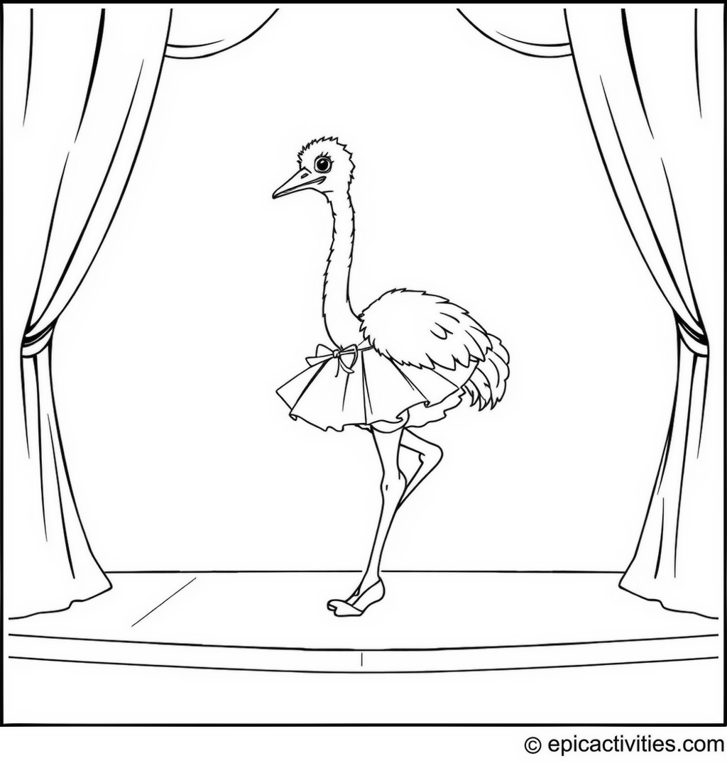 Coloring page of a cute ostrich dancing ballet on a stage