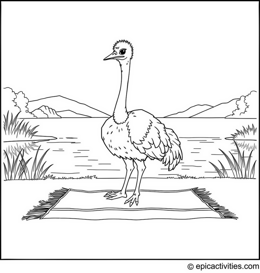 Coloring page of a Cute Ostrich Doing Yoga by the Lake