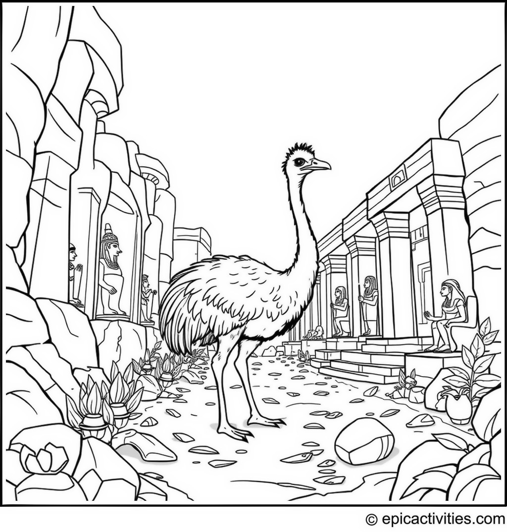 Coloring page of a Cute Ostrich Exploring an Ancient Temple Filled with Hieroglyphics and Treasures