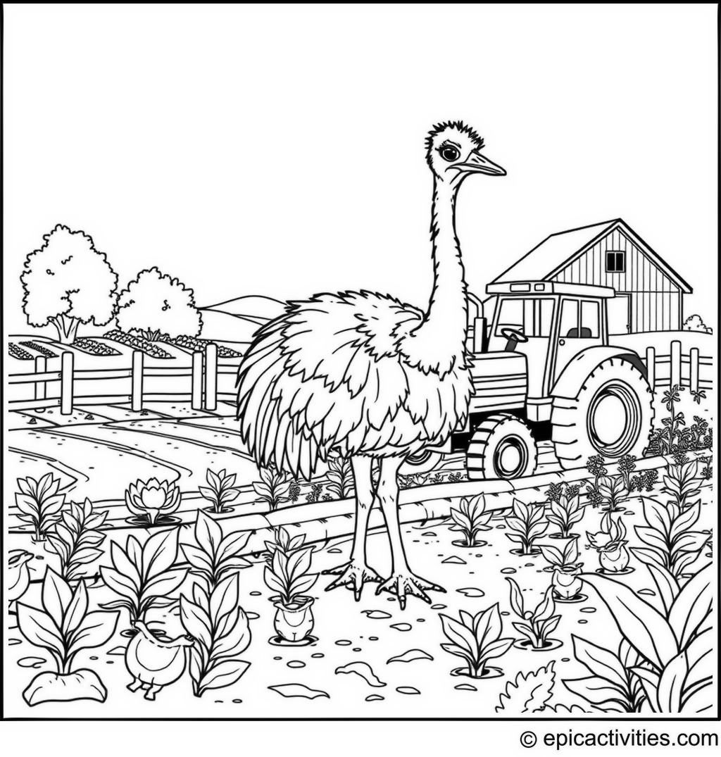 Coloring page of a Cute Ostrich Farm Adventure