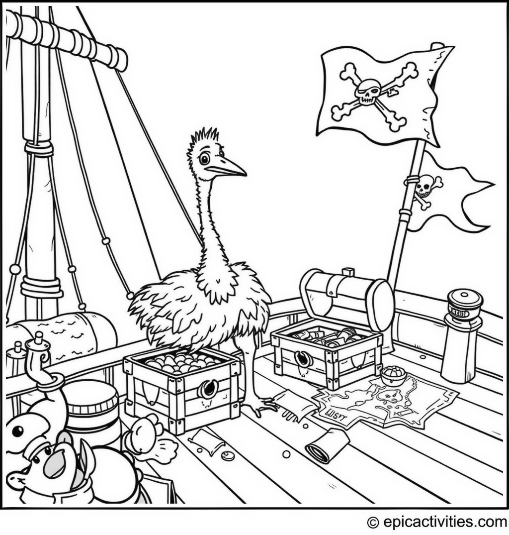 Coloring page of a cute ostrich finding treasure on a pirate ship deck