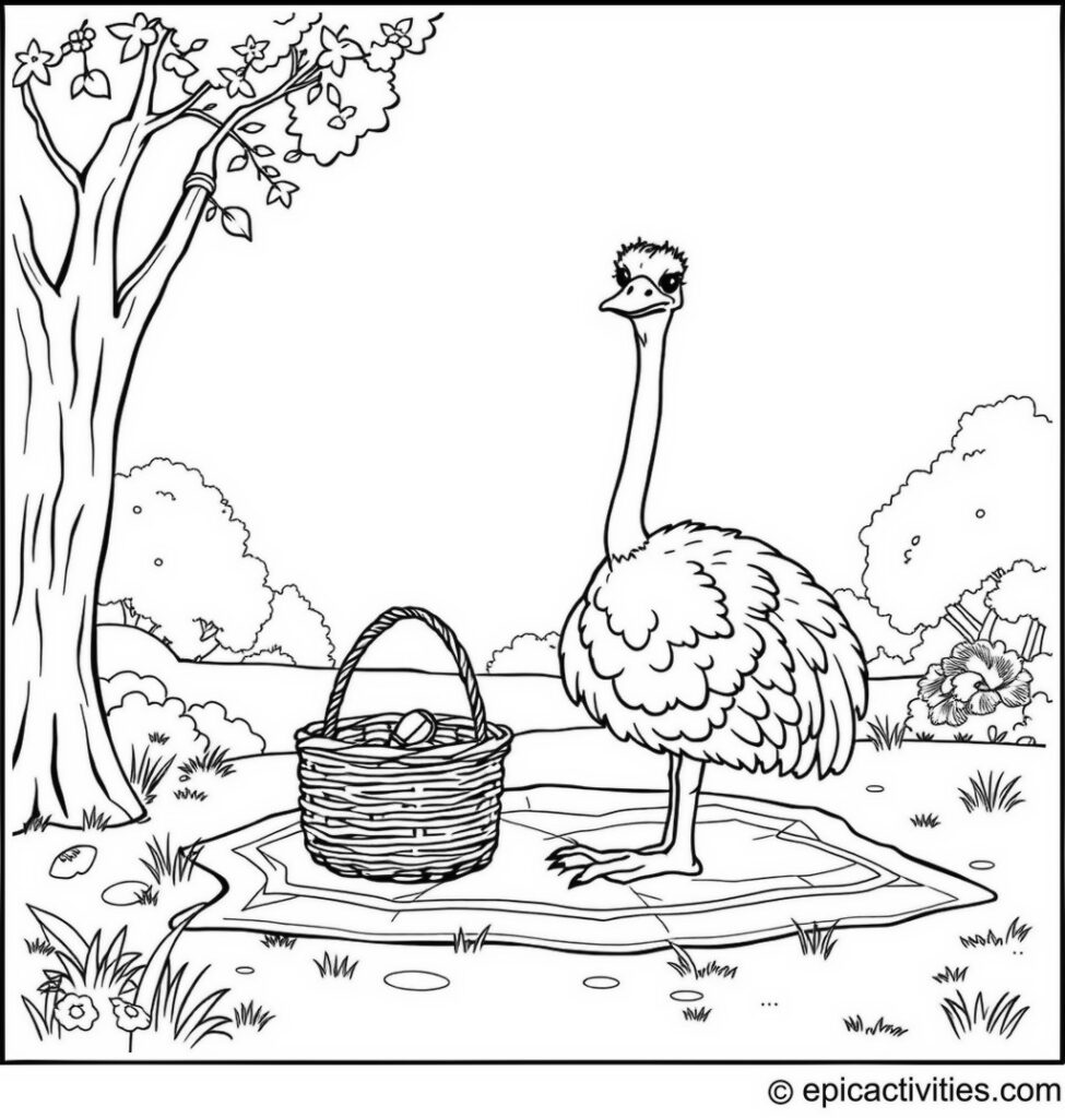 Coloring page of a Cute Ostrich Going on a Picnic