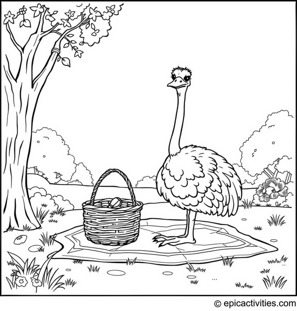 Coloring page of a Cute Ostrich Going on a Picnic