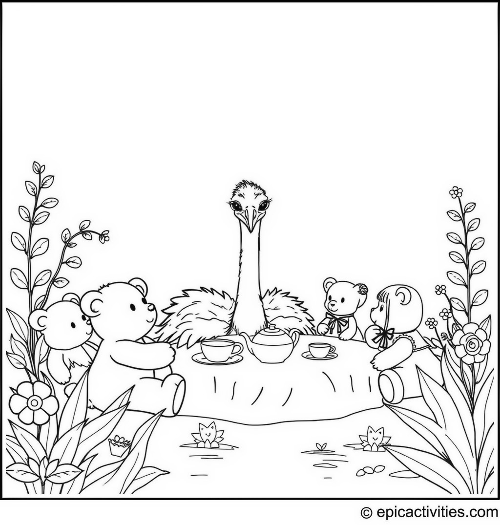 Coloring page of a cute ostrich having a tea party with teddy bears and dolls in a simple, minimalist garden
