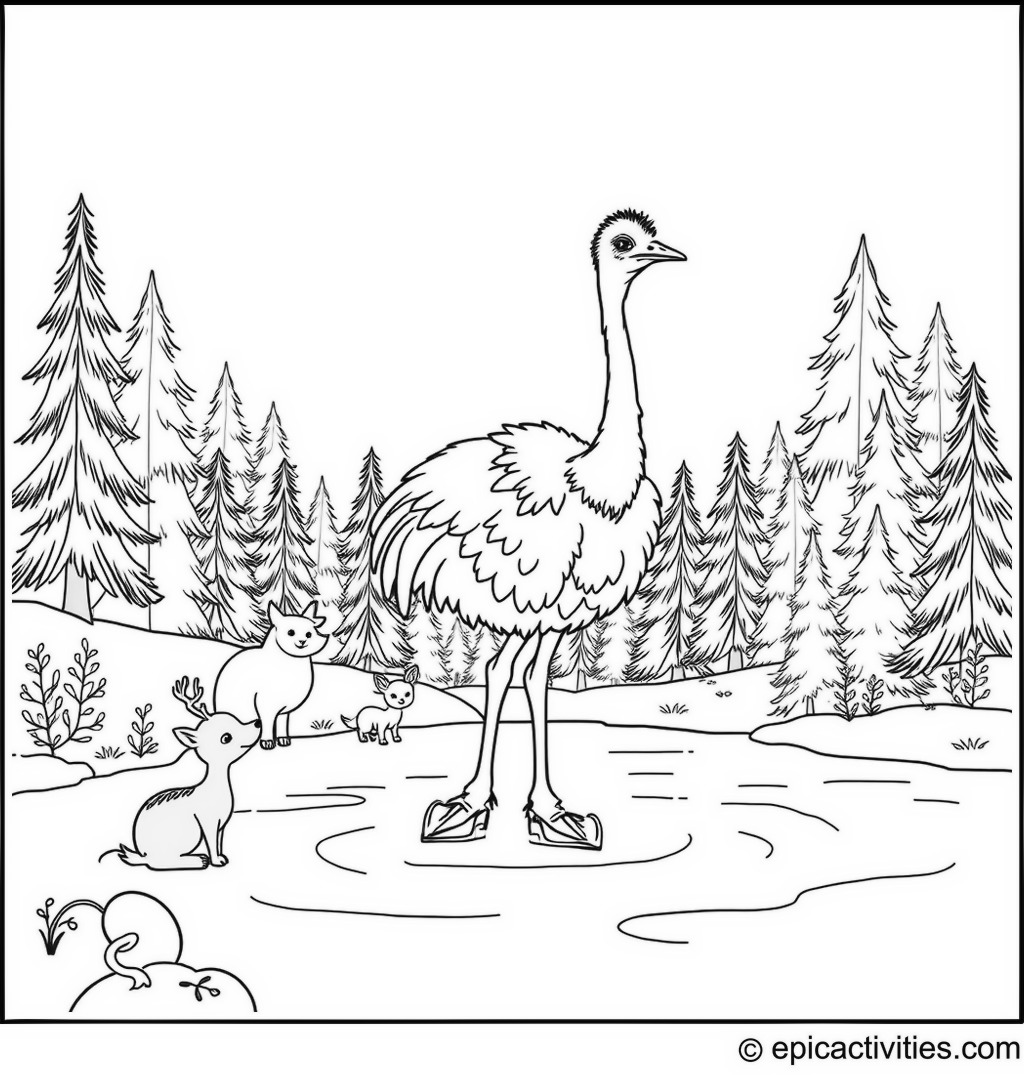 Coloring Page of a Cute Ostrich Ice Skating in the Forest with Woodland Animals Watching