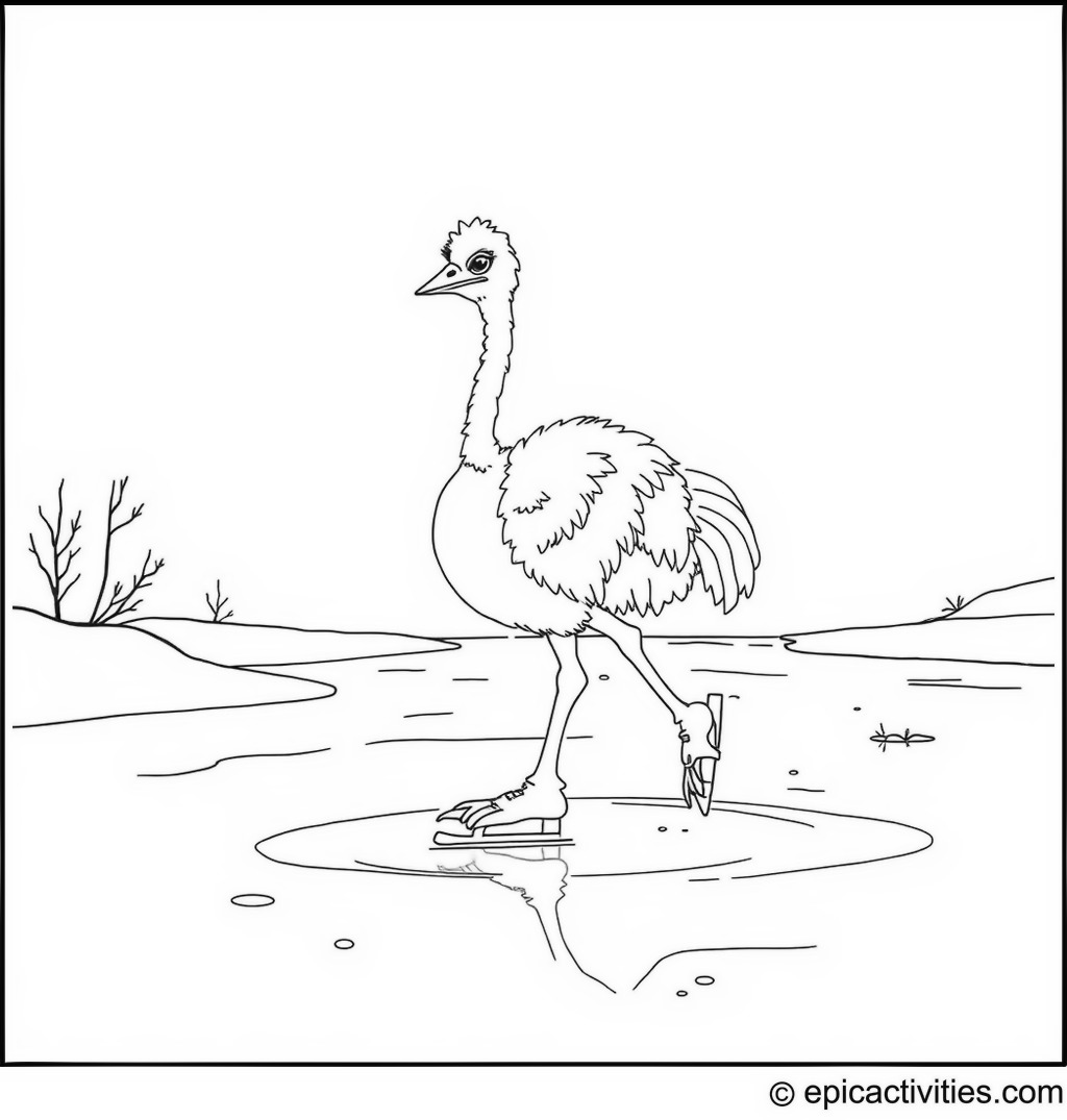 Coloring page of a Cute Ostrich Ice Skating on a Frozen Lake