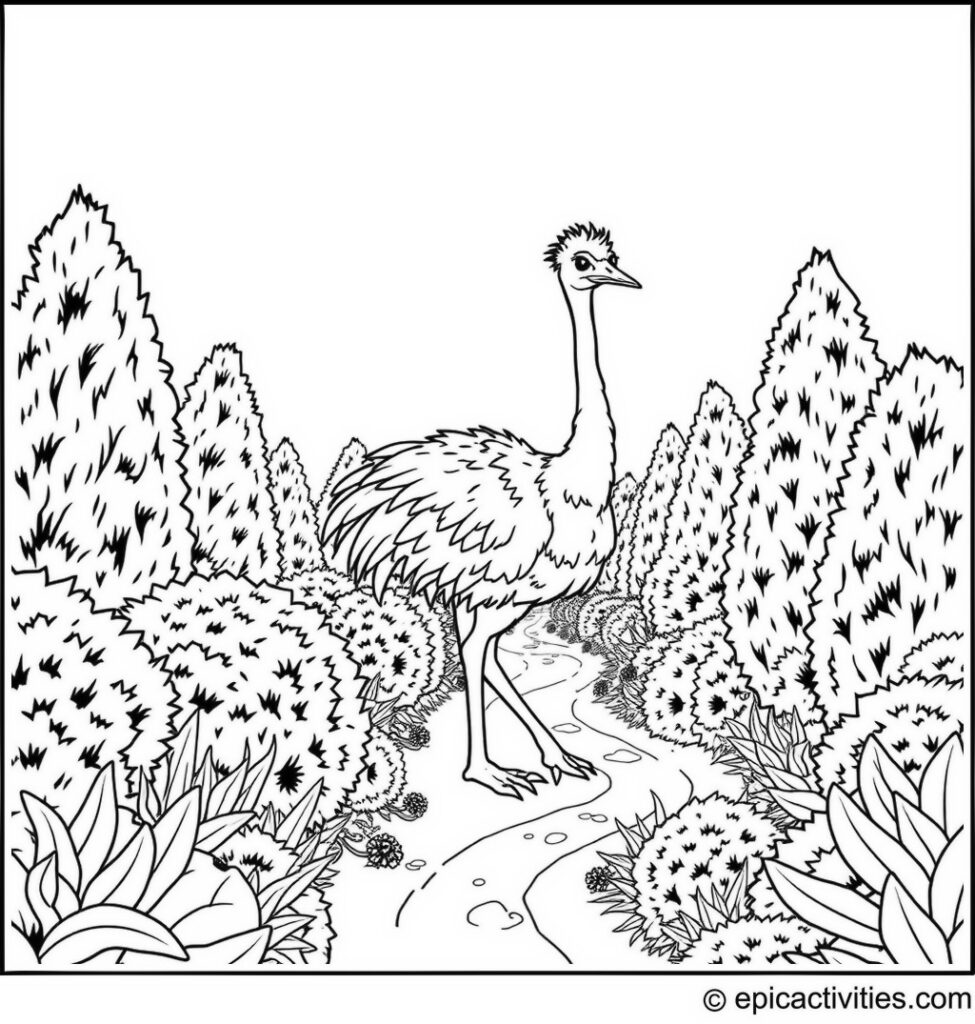 Coloring page of a cute ostrich in a maze