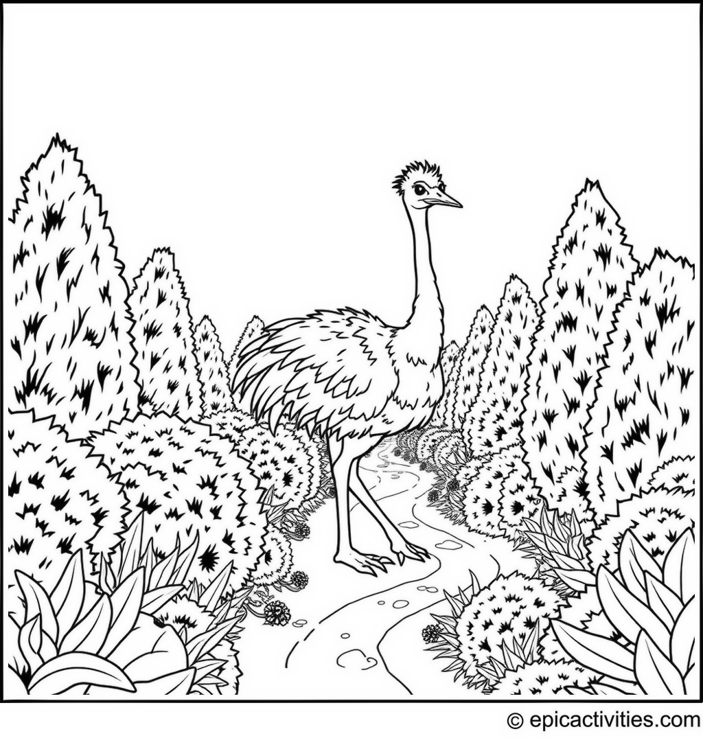 Coloring page of a cute ostrich in a maze