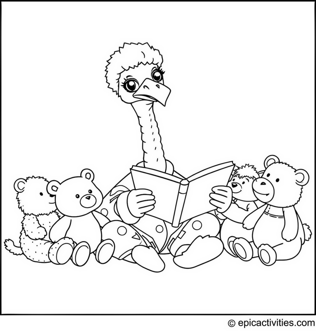 Coloring page of a cute ostrich in pajamas reading bedtime story to stuffed animals