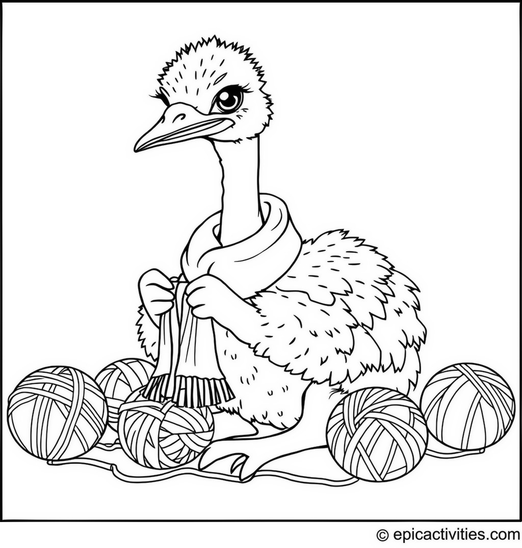 Coloring page of a cute ostrich knitting a scarf with colorful yarn balls