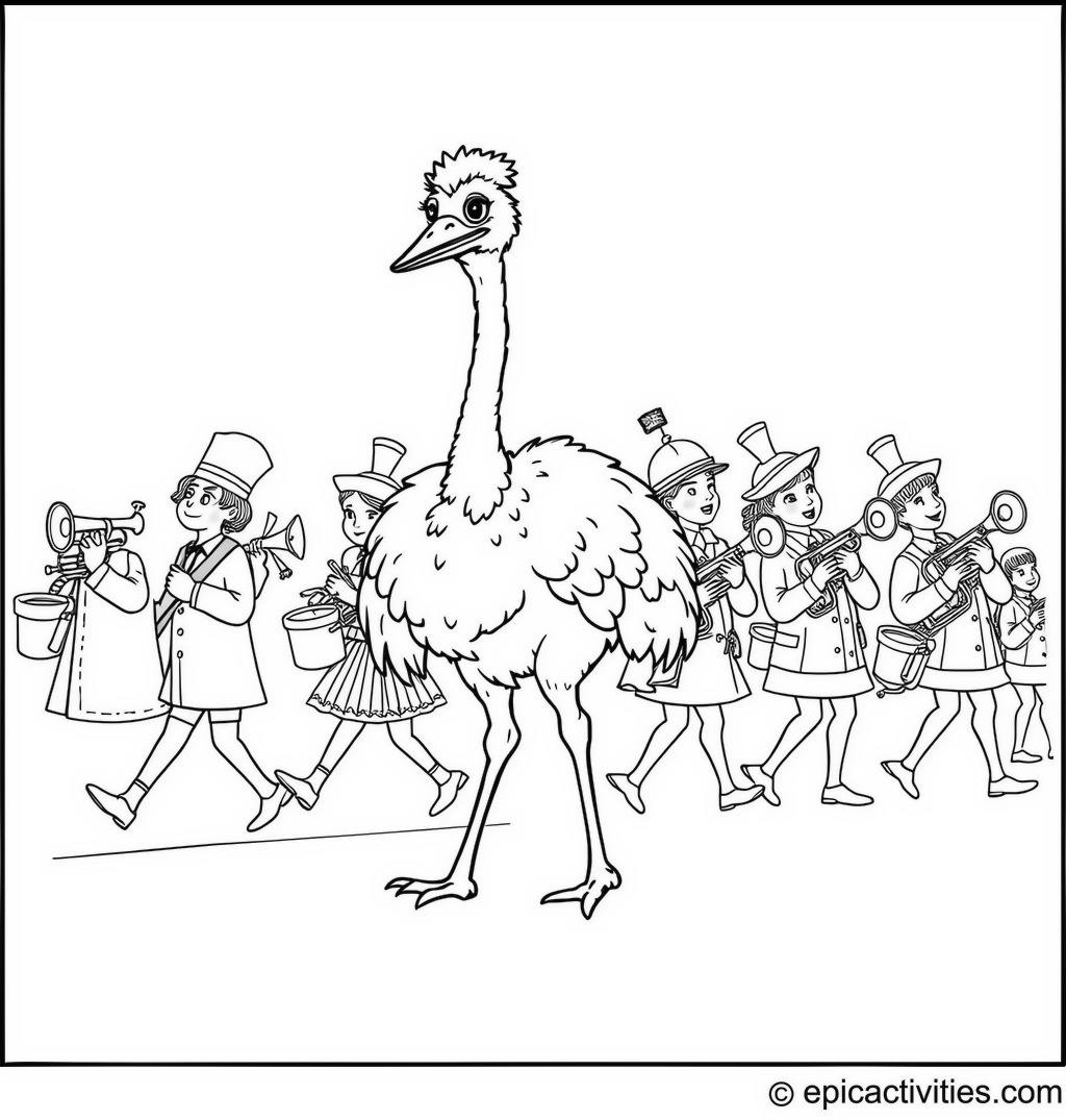 Coloring page of a cute ostrich leading a parade with a marching band