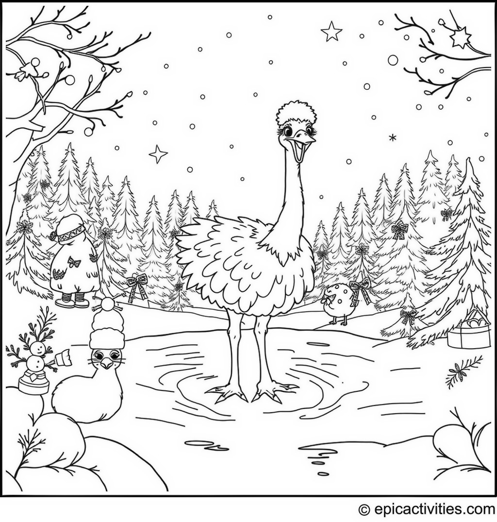 Coloring page of a cute ostrich making snow angels in a winter wonderland