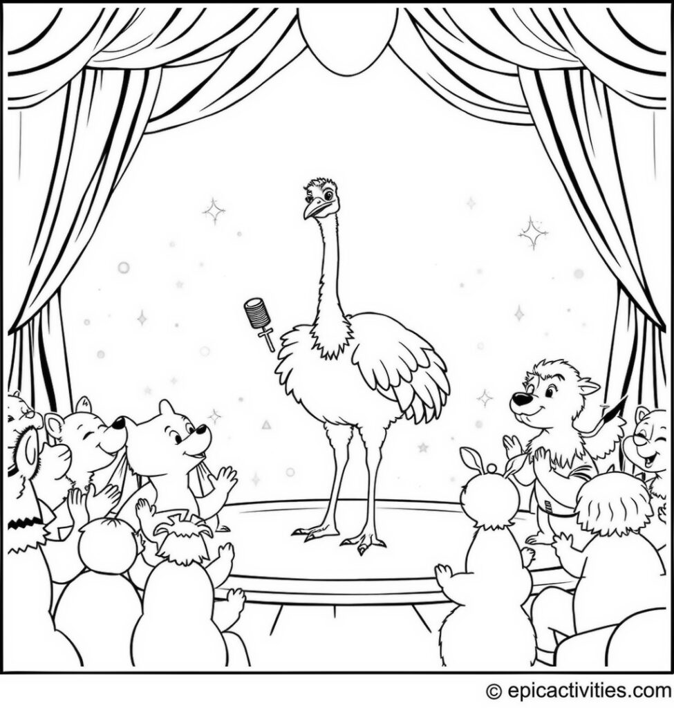 Coloring page of a cute ostrich performing a magic trick on a magical stage