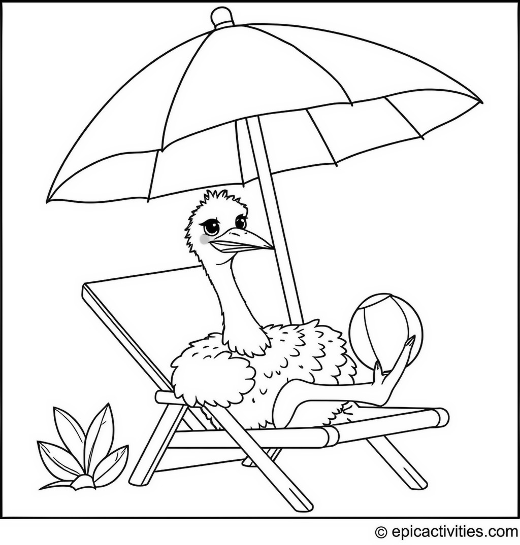 Coloring page of a Cute Ostrich Relaxing on a Beach Chair