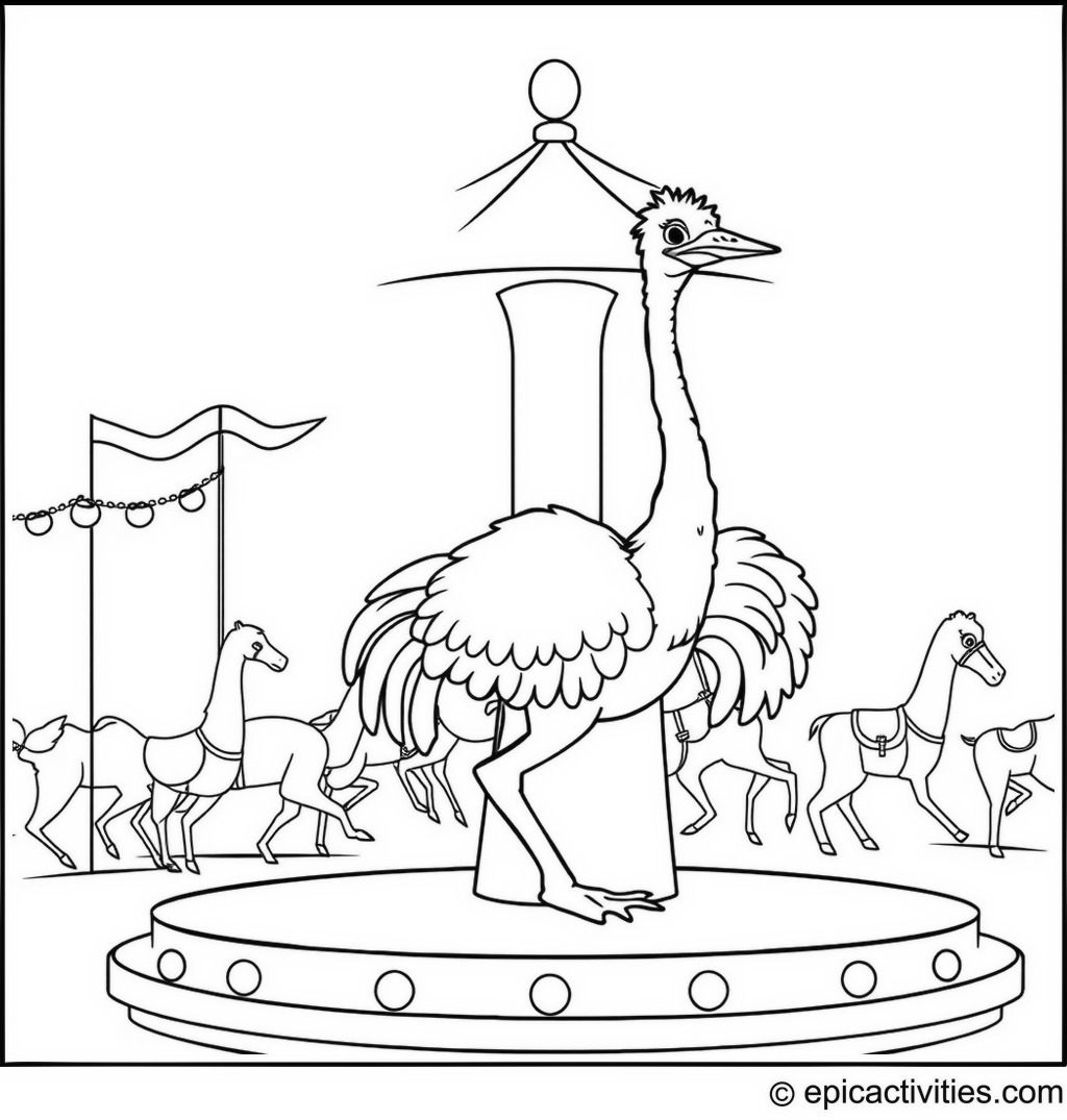 Coloring page of a cute ostrich riding a merry-go-round